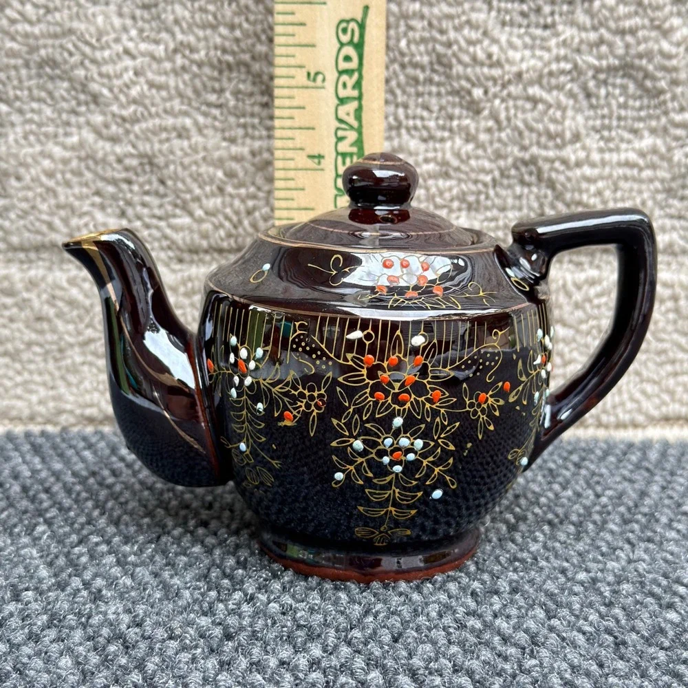Vintage Japanese Brown Glazed Ceramic Teapot Hand Painted Floral Gold Moriage